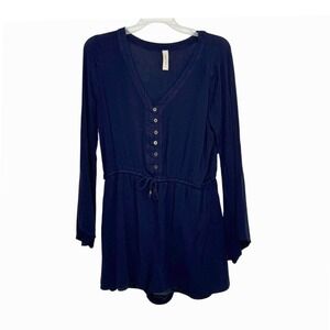 Peppermint Navy Blue Long Sleeve Romper Button Front Drawstring Waist Large